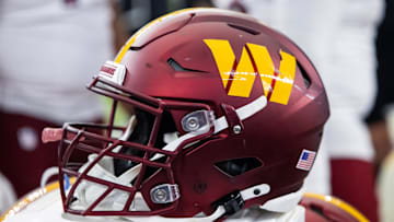Sep 29, 2024; Glendale, Arizona, USA; Detailed view of a Washington Commanders helmet at State Farm Stadium. Mandatory Credit: Mark J. Rebilas-Imagn Images