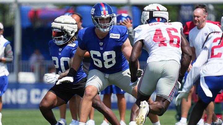 Jul 26, 2024; East Rutherford, NJ, USA; New York Giants offensive tackle Matt Nelson (68) blocks during training camp at Quest Diagnostics Training Center. Mandatory Credit: Lucas Boland-Imagn Images