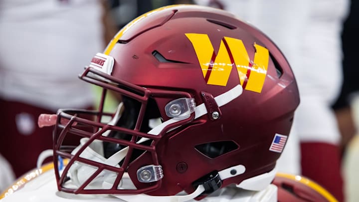 Sep 29, 2024; Glendale, Arizona, USA; Detailed view of a Washington Commanders helmet at State Farm Stadium. Mandatory Credit: Mark J. Rebilas-Imagn Images Sep 29, 2024; Glendale, Arizona, USA; Detailed view of a Washington Commanders helmet at State Farm Stadium. Mandatory Credit: Mark J. Rebilas-Imagn Images