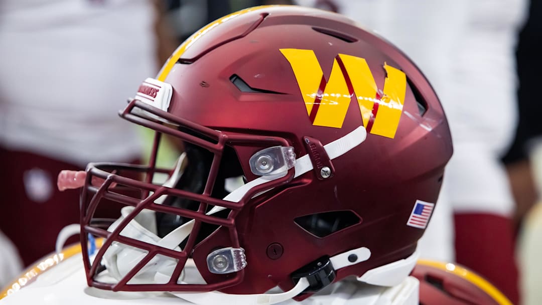 Sep 29, 2024; Glendale, Arizona, USA; Detailed view of a Washington Commanders helmet at State Farm Stadium. Mandatory Credit: Mark J. Rebilas-Imagn Images