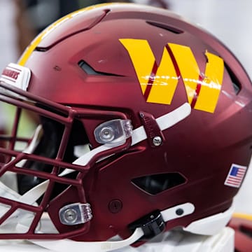 Sep 29, 2024; Glendale, Arizona, USA; Detailed view of a Washington Commanders helmet at State Farm Stadium. Mandatory Credit: Mark J. Rebilas-Imagn Images