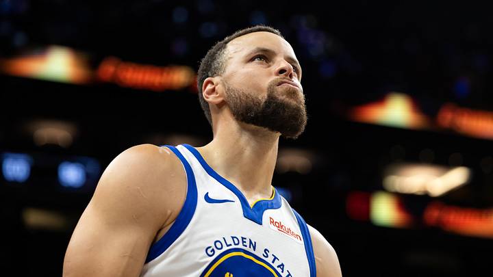 Apr 17, 2026; Phoenix, Arizona, USA; Golden State Warriors guard Stephen Curry (30) reacts against the Phoenix Suns during the play-in rounds of the 2026 NBA Playoffs at Mortgage Matchup Center. Mandatory Credit: Mark J. Rebilas-Imagn Images