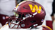 Sep 29, 2024; Glendale, Arizona, USA; Detailed view of a Washington Commanders helmet at State Farm Stadium. Mandatory Credit: Mark J. Rebilas-Imagn Images