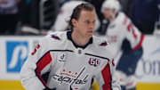 Washington Capitals defenseman Jakob Chychrun takes the ice for warmups against the San Jose Sharks.