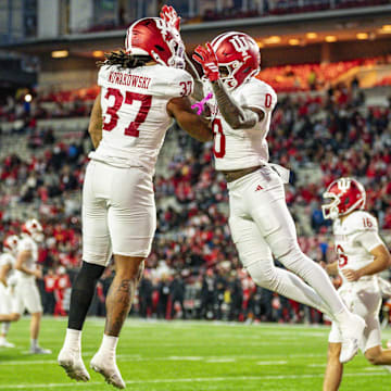 Indiana's Jonathan Brady (0) celebrates with Riley Nowakowski (37) after scoring Nov. 1, 2025, vs. Maryland at SECU Stadium.