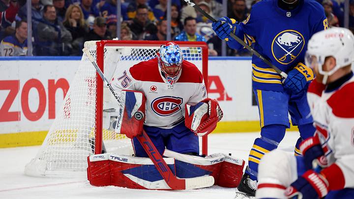 May 8, 2026; Buffalo, New York, USA; Montréal Canadiens goaltender Jakub Dobes (75) makes a blocker save during the second period against the Buffalo Sabres in game two of the second round of the 2026 Stanley Cup Playoffs at KeyBank Center. Mandatory Credit: Timothy T. Ludwig-Imagn Images