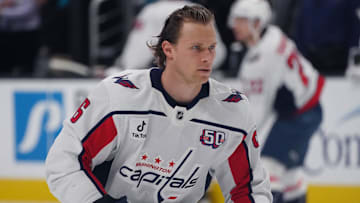 Mar 15, 2025; San Jose, California, USA;  Washington Capitals defenseman Jakob Chychrun (6) takes the ice for warmups against the San Jose Sharks at SAP Center at San Jose. Mandatory Credit: David Gonzales-Imagn Images