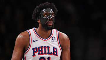 Jan 4, 2025; Brooklyn, New York, USA; Philadelphia 76ers center Joel Embiid (21) looks up during the second half against the Brooklyn Nets at Barclays Center. Mandatory Credit: Vincent Carchietta-Imagn Images