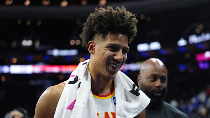 Jalen Johnson (1) reacts after the game against the Philadelphia 76ers at Xfinity Mobile Arena