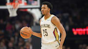 Feb 27, 2025; Phoenix, Arizona, USA; New Orleans Pelicans guard Trey Murphy III (25) dribbles against the Phoenix Suns in the first quarter at Footprint Center. Mandatory Credit: Brett Davis-Imagn Images