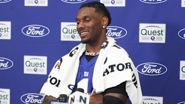 Jul 23, 2025; East Rutherford, NJ, USA; New York Giants wide receiver Malik Nabers (1) talks with media during training camp at Quest Diagnostics Training Center. Mandatory Credit: Vincent Carchietta-Imagn Images