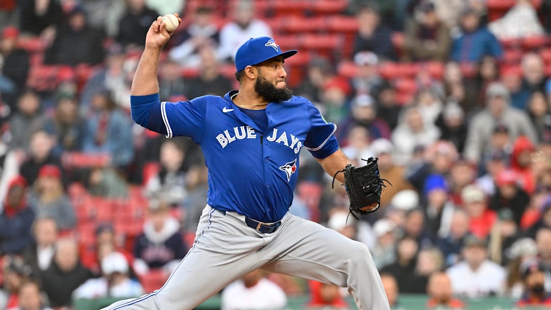 Apr 10, 2025; Boston, Massachusetts, USA; Toronto Blue Jays relief pitcher Yimi Garcia (93) pitches against the Boston Red Sox during the eighth inning at Fenway Park.