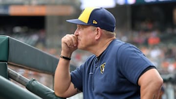 Milwaukee Brewers manager Pat Murphy watches a games against the Detroit Tigers from the dugout.