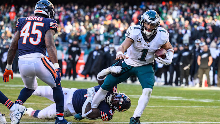 Jalen Hurts struggles to get away during a 2022 game at Soldier Field against the Bears. The teams play in Philly on Black Friday. Jalen Hurts struggles to get away during a 2022 game at Soldier Field against the Bears. The teams play in Philly on Black Friday.
