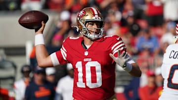 Aug 9, 2025; Santa Clara, California, USA;  San Francisco 49ers quarterback Mac Jones (10) drops back to pass in the first quarter against the Denver Broncos at Levi's Stadium. Mandatory Credit: David Gonzales-Imagn Images
