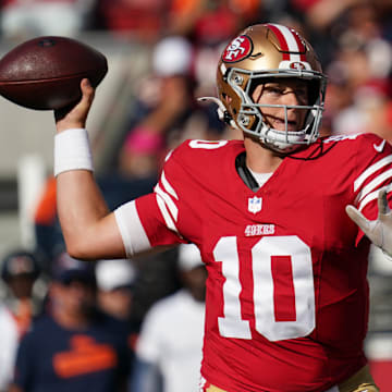 Aug 9, 2025; Santa Clara, California, USA;  San Francisco 49ers quarterback Mac Jones (10) drops back to pass in the first quarter against the Denver Broncos at Levi's Stadium. Mandatory Credit: David Gonzales-Imagn Images