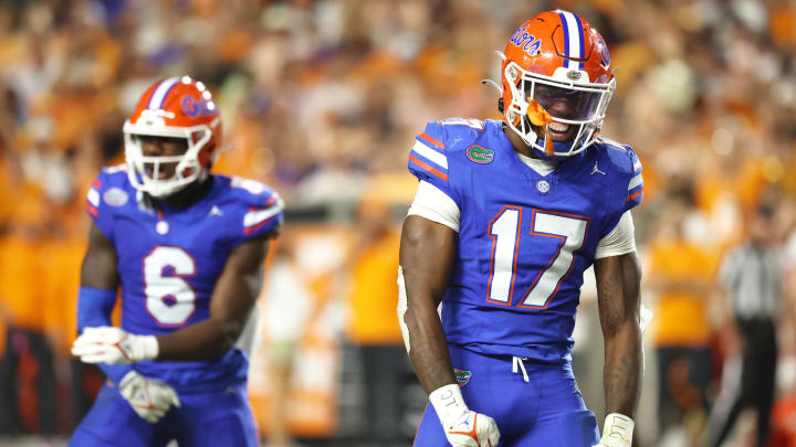 Sep 16, 2023; Gainesville, Florida, USA; Florida Gators linebacker Scooby Williams (17) and linebacker Shemar James (6) celebrate against the Tennessee Volunteers during the second quarter at Ben Hill Griffin Stadium. 