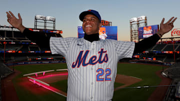 Dec 12, 2024; Flushing, NY, USA; New York Mets right fielder Juan Soto poses for photos during his introductory press conference at Citi Field. Mandatory Credit: Brad Penner-Imagn Images