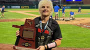 Westmoore catcher Connor Cavnar poses with the 6A state championship trophy after the Jaguars won it in May of 2024.