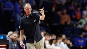 Dec 21, 2024; Gainesville, Florida, USA; North Florida Ospreys head coach Matthew Driscoll gestures against the Florida Gators during the second half at Exactech Arena at the Stephen C. O'Connell Center. Mandatory Credit: Matt Pendleton-Imagn Images