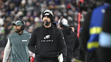 Dec 1, 2024; Baltimore, Maryland, USA; Philadelphia Eagles head coach Nick Sirianni walks down the sidelines during the first half  against the Baltimore Ravens at M&T Bank Stadium. Mandatory Credit: Tommy Gilligan-Imagn Images