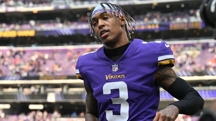 Oct 9, 2022; Minneapolis, Minnesota, USA; Minnesota Vikings cornerback Cameron Dantzler Sr. (3) comes off the field after the game against the Chicago Bears at U.S. Bank Stadium. Mandatory Credit: Jeffrey Becker-Imagn Images