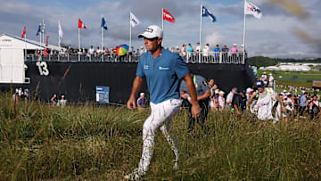 Jun 14, 2025; Oakmont, Pennsylvania, USA; Viktor Hovland walks off the 13th green during the third round of the U.S. Open golf tournament. Mandatory Credit: Bill Streicher-Imagn Images