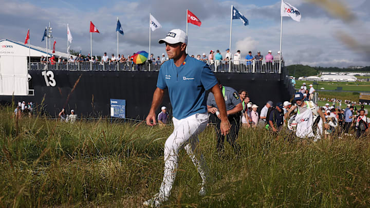 Jun 14, 2025; Oakmont, Pennsylvania, USA; Viktor Hovland walks off the 13th green during the third round of the U.S. Open golf tournament. Mandatory Credit: Bill Streicher-Imagn Images