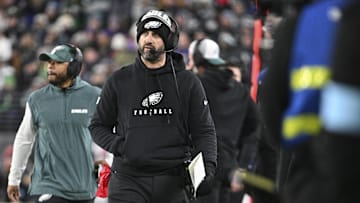 Dec 1, 2024; Baltimore, Maryland, USA; Philadelphia Eagles head coach Nick Sirianni walks down the sidelines during the first half  against the Baltimore Ravens at M&T Bank Stadium. Mandatory Credit: Tommy Gilligan-Imagn Images