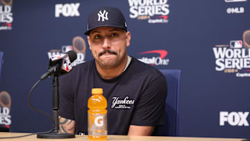 Oct 25, 2024; Los Angeles, California, USA; New York Yankees pitcher Nestor Cortes Jr (65) talks to the media prior to the game against the Los Angeles Dodgers during game one of the 2024 MLB World Series at Dodger Stadium. Mandatory Credit:  Kiyoshi Mio-Imagn Images