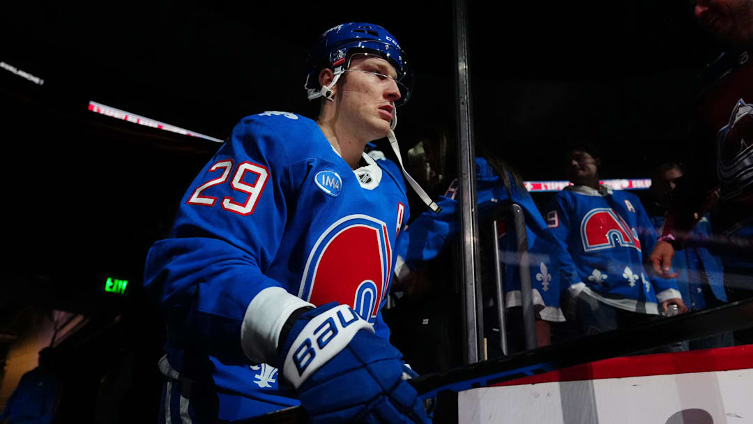Apr 1, 2026; Denver, Colorado, USA; Colorado Avalanche center Nathan MacKinnon (29) before the game against the Vancouver Canucks at Ball Arena. Mandatory Credit: Ron Chenoy-Imagn Images