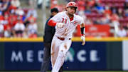 Apr 13, 2025; Cincinnati, Ohio, USA; Cincinnati Reds catcher Austin Wynns (38) runs to third on a double hit by outfielder TJ Friedl (not pictured) in the third inning against the Pittsburgh Pirates at Great American Ball Park. Mandatory Credit: Katie Stratman-Imagn Images