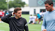 Jacksonville Jaguars general manager James Gladstone, left and Jacksonville Jaguars is executive vice president of football operations Tony Boselli, right, talk on the field after the Jacksonville Jaguars’ mandatory minicamp Tuesday June 10, 2025 at the Miller Electric Center in Jacksonville, Fla. [Doug Engle/Florida Times-Union]