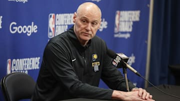 May 21, 2025; New York, New York, USA; Indiana Pacers head coach Rick Carlisle speaks to media prior to game one of the eastern conference finals for the 2025 NBA Playoffs at Madison Square Garden. Mandatory Credit: Wendell Cruz-Imagn Images