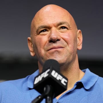 UFC CEO Dana White takes questions from the media during a press conference.