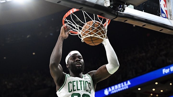 Oct 12, 2025; Boston, Massachusetts, USA; Boston Celtics center Neemias Queta (88) dunks the ball against the Cleveland Cavaliers during the first half at TD Garden. Mandatory Credit: Brian Fluharty-Imagn Images