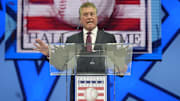 Jul 26, 2025; Cooperstown, NY, USA; Cleveland Guardians voice on radio, Tom Hamilton makes his acceptance speech for the Ford C. Frick Award for excellence in broadcasting during the Hall of Fame Awards Presentation at the Alice Busch Opera Theater in Cooperstown, NY. Mandatory Credit: Gregory Fisher-Imagn Images