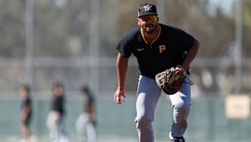 Feb 17, 2025; Bradenton, FL, USA;  Pittsburgh Pirates first baseman Darick Hall (45) participates in spring training workouts at Pirate City. Mandatory Credit: Nathan Ray Seebeck-Imagn Images