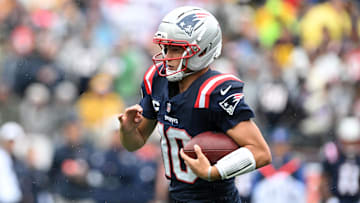 Sep 7, 2025; Foxborough, Massachusetts, USA; New England Patriots quarterback Drake Maye (10) rushes the ball against the Las Vegas Raiders in the first half at Gillette Stadium. Mandatory Credit: Brian Fluharty-Imagn Images