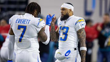 Jan 14, 2023; Jacksonville, Florida, USA; Los Angeles Chargers wide receiver Keenan Allen (13) and tight end Gerald Everett (7) against the Jacksonville Jaguars during a wild card playoff game at TIAA Bank Field.