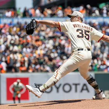 May 18, 2025; San Francisco, California, USA; San Francisco Giants pitcher Justin Verlander (35) throws a pitch first inning against the Oakland Athletics at Oracle Park. Mandatory Credit: Bob Kupbens-Imagn Images