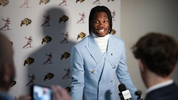 Dec 14, 2024; New York, NY, USA; Colorado Buffaloes wide receiver/cornerback Travis Hunter answers questions during media interviews before the 2024 Heisman Trophy Presentation. Mandatory Credit: Lucas Boland-Imagn Images
