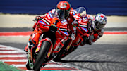 Apr 14, 2024; Austin, TX, USA; Francesco Bagnaia (1) of Italy and Ducati Lenovo Team rides during the MotoGP Grand Prix of The Americas at Circuit of The Americas. Mandatory Credit: Jerome Miron-Imagn Images
