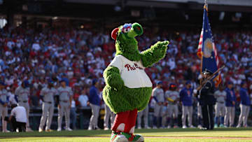 Oct 5, 2024; Philadelphia, PA, USA; Philadelphia Phillies mascot the Phillie Phanatic performs before game one of the NLDS for the 2024 MLB Playoffs against the New York Mets at Citizens Bank Park.