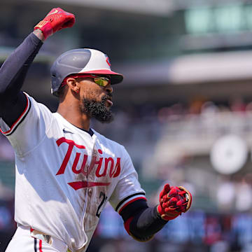 Minneapolis, Minnesota, USA; Minnesota Twins outfielder Byron Buxton (25) celebrates his home run for the cycle against the Pittsburgh Pirates in the seventh inning at Target Field.