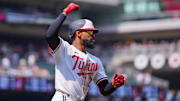 Jul 12, 2025; Minneapolis, Minnesota, USA; Minnesota Twins outfielder Byron Buxton (25) celebrates his home run for the cycle against the Pittsburgh Pirates in the seventh inning at Target Field.
