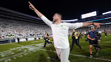 Sep 27, 2025; University Park, Pennsylvania, USA; Oregon Ducks head coach Dan Lanning reacts after defeating the Penn State Nittany Lions at Beaver Stadium. 