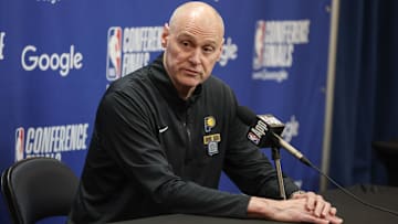Indiana Pacers head coach Rick Carlisle speaks to media on May 21, 2025.