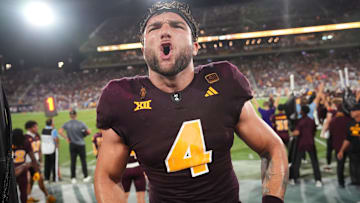 Arizona State running back Cam Skattebo (4) celebrates during the final seconds of a 35-31 win against the Kansas Jayhawks at Mountain America Stadium on Oct. 5, 2024.