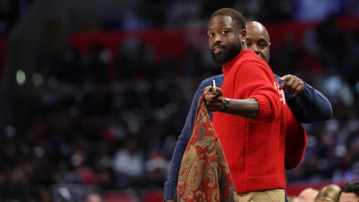 Jan 8, 2024; Los Angeles, California, USA;  Former NBA player Dwyane Wade attends the NBA game between the Los Angeles Clippers and the Phoenix Suns at Crypto.com Arena. Mandatory Credit: Kiyoshi Mio-USA TODAY Sports